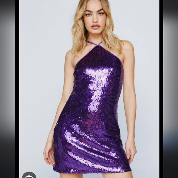 Nasty Gal Purple Sequin Halter Mini Strappy Dress - Picture 1 of 10